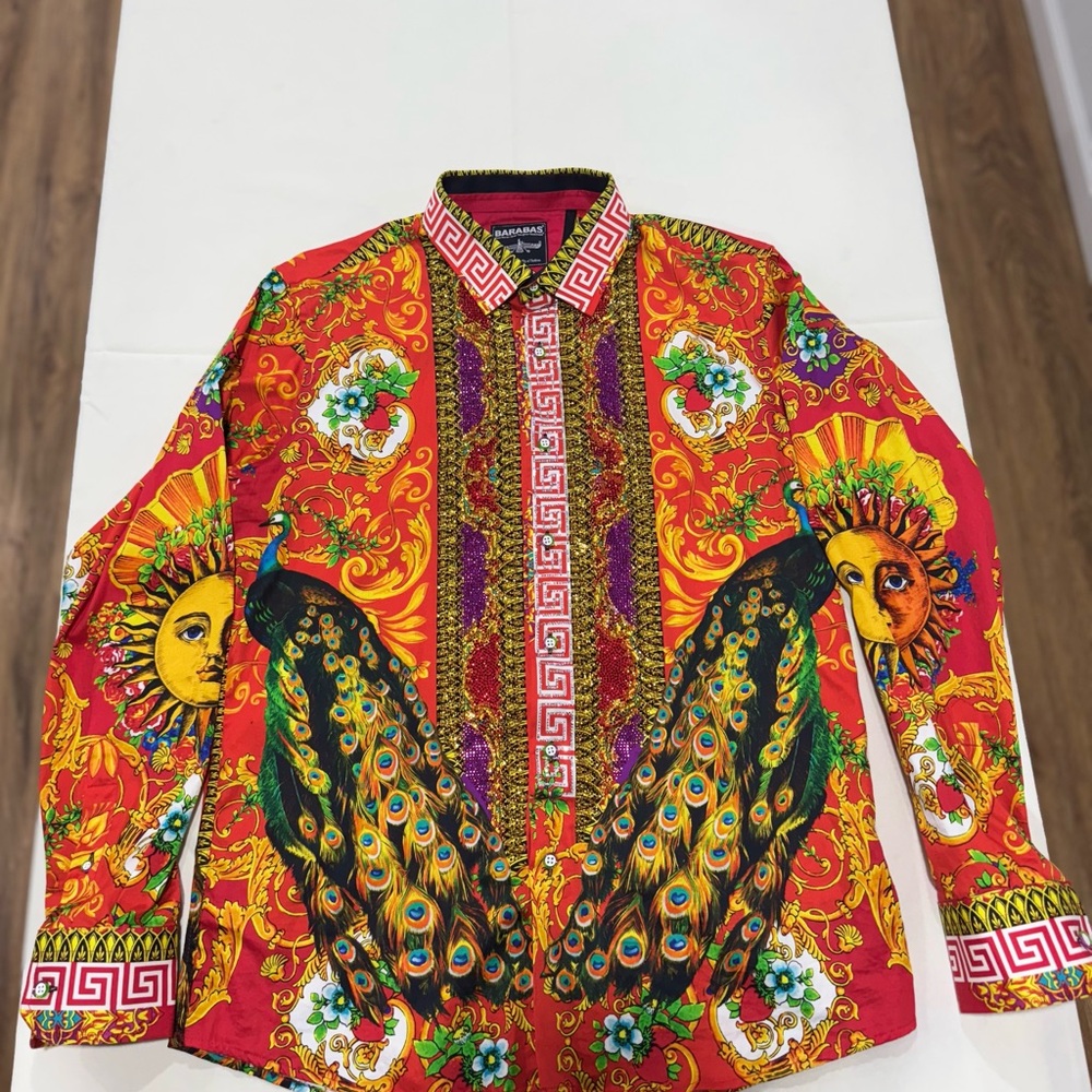 BARABAS Colorful Peacock Print Rhinestone Slim-Fit Shirt